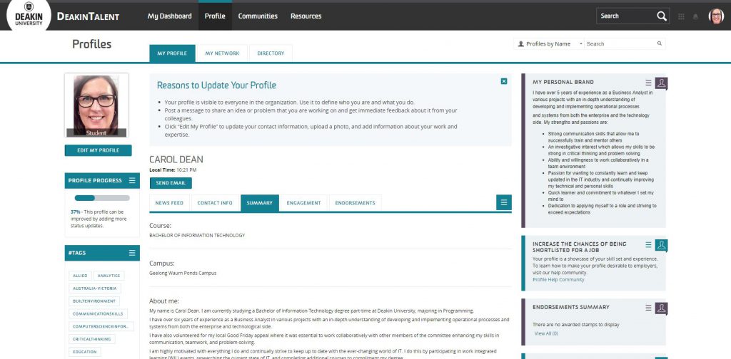 Deakin Talent Connect profile summary